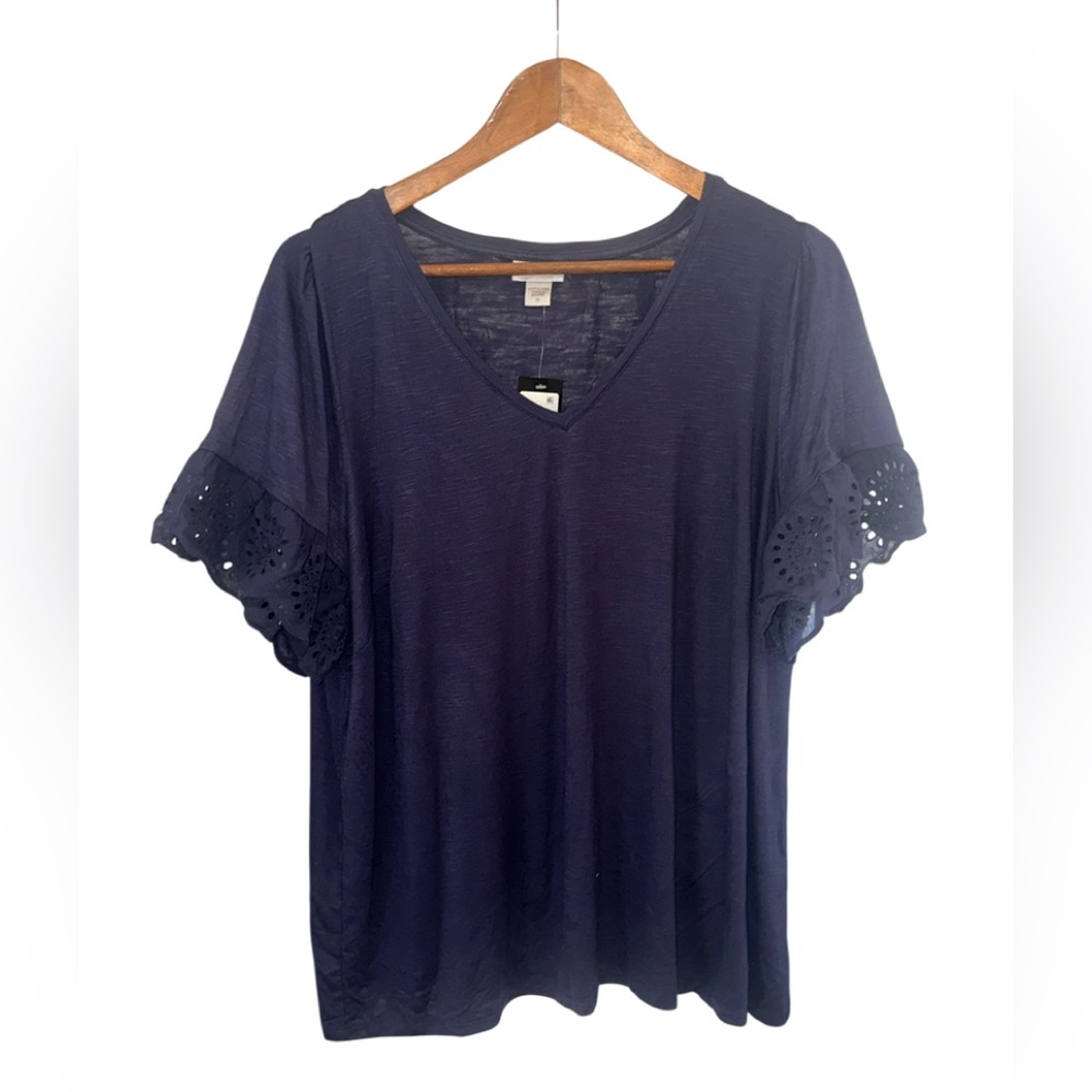 Avenue Dark Blue V-Neck Top with Lace Sleeves